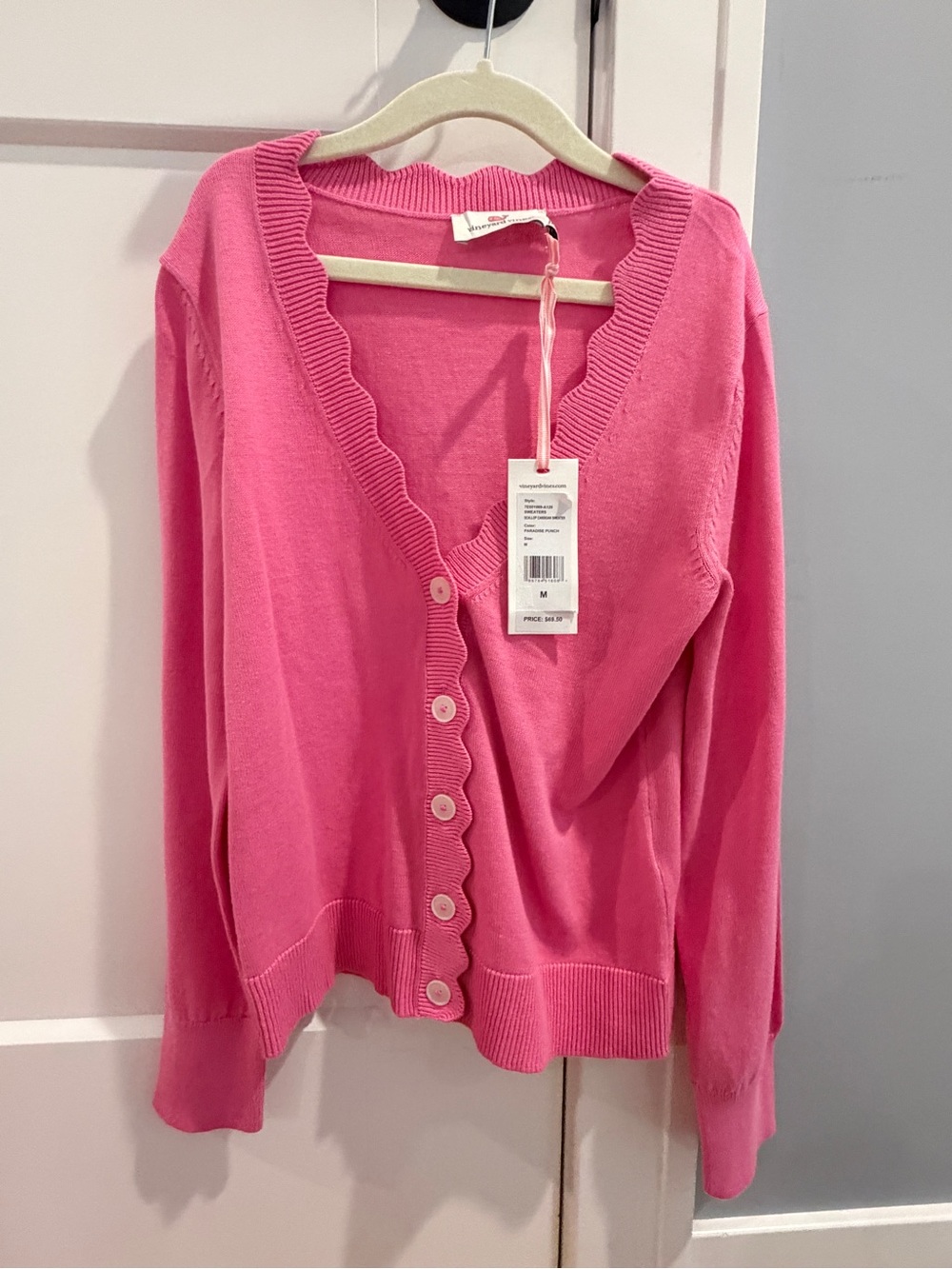 Scalloped V-Neck Pink Cardigan Sweater